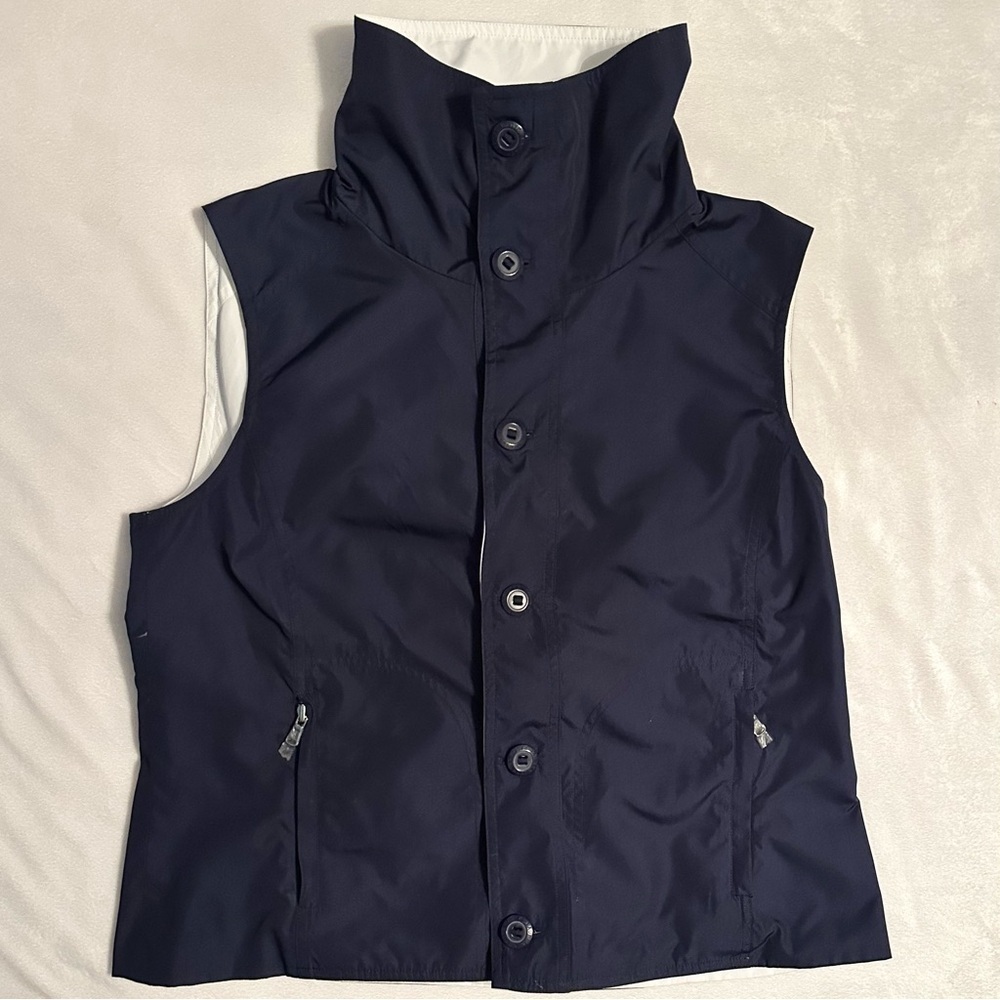 SOLD.  Ralph Lauren Reversible Vest Womens Sz L Navy Blue White Button-Up